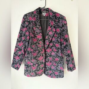 VTG Mark Alan Blazer Jacket Black Gray Pink Floral Size 8 M Lined Pockets Cotton